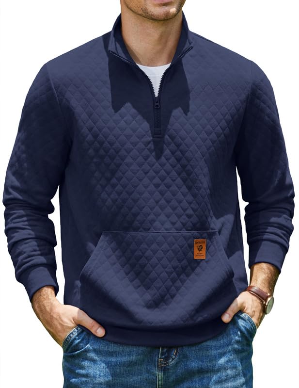 COOFANDY Mens Quarter Zip Pullover Long Sleeve Sweatshirt Kangaroo Pocket | Waffle Quilted Half Zip Sweater, Stylish Casual Pullover with Ribbed Cuffs for Fall & Winter, 2026 Fashion