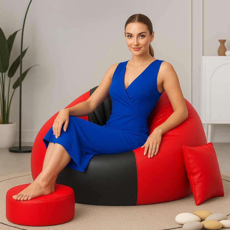 Image of Biggie Bean Bag Chair 3XL with Beans Filled-Duo Pop Sofa-Two Tone One Vibe-Crafted for Comfort-Styled for Elegance with Free Cushion & Footrest (Matching Color : Sofa, Black Red)