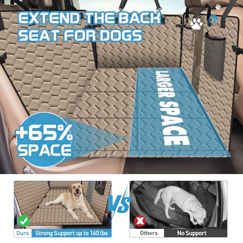 Reiseresa Hundedecke Auto Rückbank, Vielseitiger Hundedecke Rücksitz mit Stabiler Hartholzbrett und Sicherheitsgurte, Wasserdicht Hund Rücksitz für Alle PKWs Auto SUV (Braun, XXL)