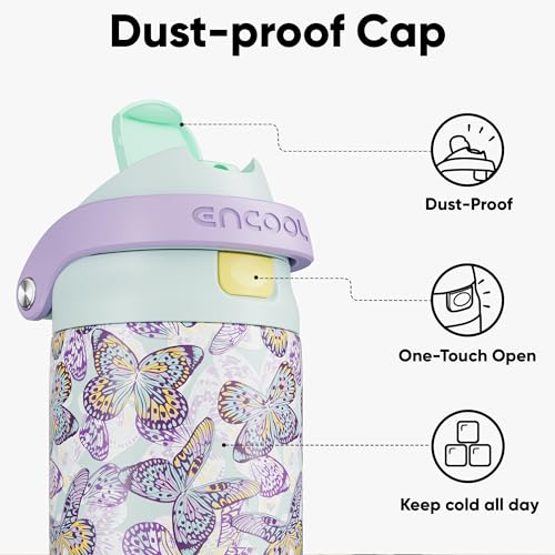 Image of ENCOOL Leakproof Insulated Water Bottle with Straw Dual-Sip Water Bottle Bag-Safe Design for Work, Commute & Gym - Keeps Drinks Cold All Day, 32 oz, Mosaic Butterfly
