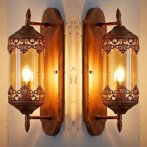 Image of Keylus Antique Wall Light for Living Room Bedroom Corridor, Moroccan Lantern Style Metal & Glass Wall Sconce, (Bilb Not Included),Pack of 2
