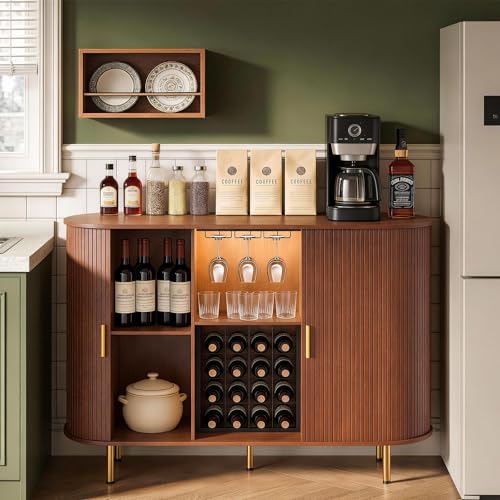 Image of DHH 55 inch Wine Bar Cabinet with Storage, Fluted Liquor & Coffee Bar Cabinet with Wine Rack and Glass Holder, Buffet Sideboard with LED Lights for Home Kitchen Living Dining Room(Walnut)