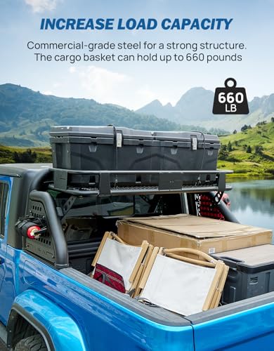 Image of JOYTUTUS Roll Bar for Truck with Cargo Basket for Gladiator JT 2020-2026 & Tacoma 2015-2023, Heavy-Duty Extendable Chase Rack for Mid-Size Truck, Holds up to 660LB