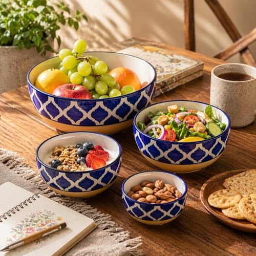 Image of Ceramic Mixing Bowl Set 4 Pieces Yellow Blue - 1500ML 800ML 600ML 400ML Microwave Dishwasher Safe for Mixing Serving Storage
