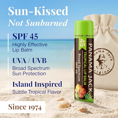 Image of Panama Jack Sunscreen Lip Balm SPF 45 Broad Spectrum, Non-Waxy, 5 Pack | Moisturizing, UVA-UVB Water Resistant Sticks, Smooth Hydrating Formula Prevents & Soothes Sensitive, Dry, & Chapped Lips