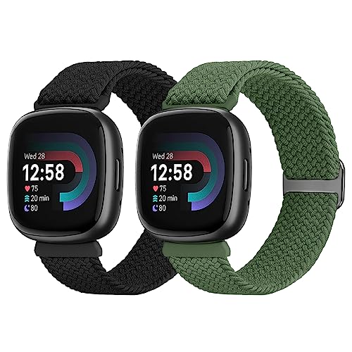 SHIJZWD Elastic Braided Strap Compatible w/ Fitbit Versa 4/Versa 3/Sense 2/Sense,2 Pack Sport Nylon B & Adjustable Stretchy Replacement Wristb & Fitbit Versa 3/Versa 4/Sense 2/Sense ,Black+Olive