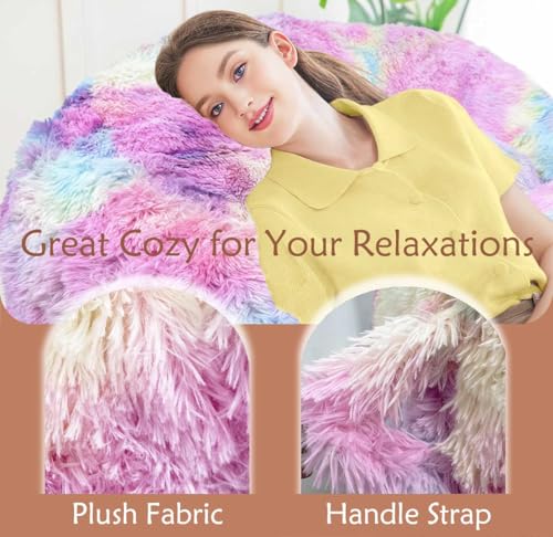 Image of Plush Faux Fur Bean Bag Chairs, Memory Foam Filled Sofa Chair Shape Bean Bag for Adults /Teens /Kids, Ultra-Soft Lazy Sofa for Living Room Bedroom College Dorm, Rainbow
