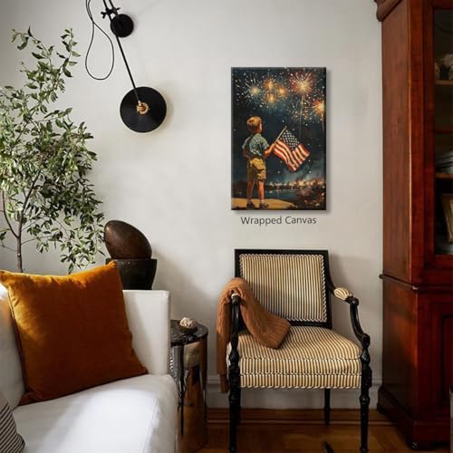 Image of American Flag Canvas Wall Art, 4th of July Patriotic Poster Print, Boy Holding USA Flag and Dark Night Fireworks Picture, Independence Day Wall Decor for Bedroom Living Room 24x36in Wrapped Canvas