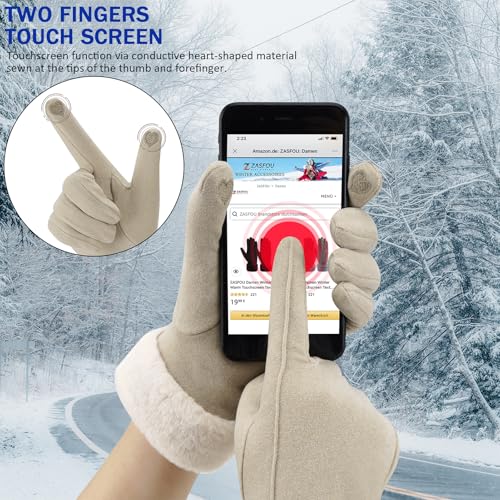 ZASFOU Damen Winter Warm Touchscreen Handschuhe mit Fleece Gefütterte Strick winterhandschuhe für Kaltes Wetter,Beige,M