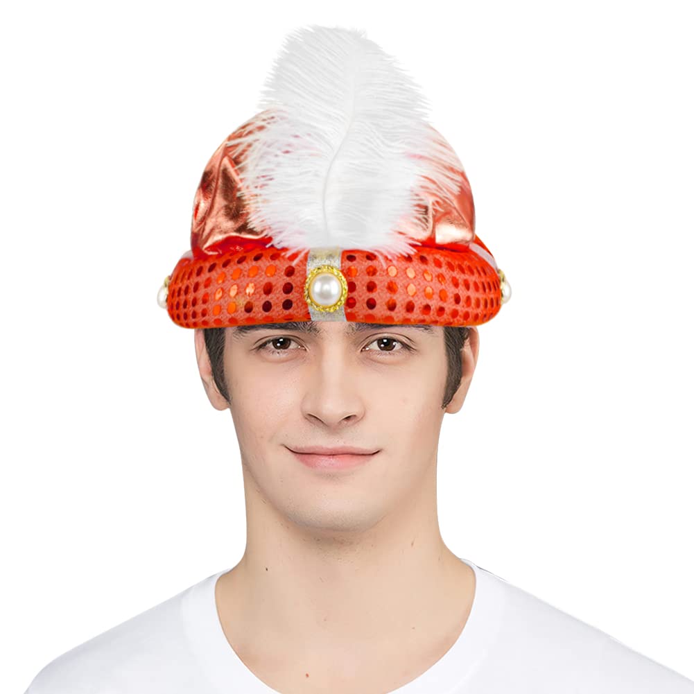 Sultan Hat Turban Halloween Fancy Hat Sultan Headpiece Headwear Indian Feather Hat Arab Hat Pleated Prince Hat with Feather King Cosplay Hat Carnival Feather Headdress Halloween Party Funny Hat