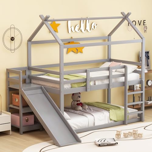 ANIROY Kinderbett, Niedriges Etagenbett, Hochbett mit Rutsche und Ablagefläche, Massivholz-Etagenbett mit Lattenrost, 90 * 200 cm (Grau)