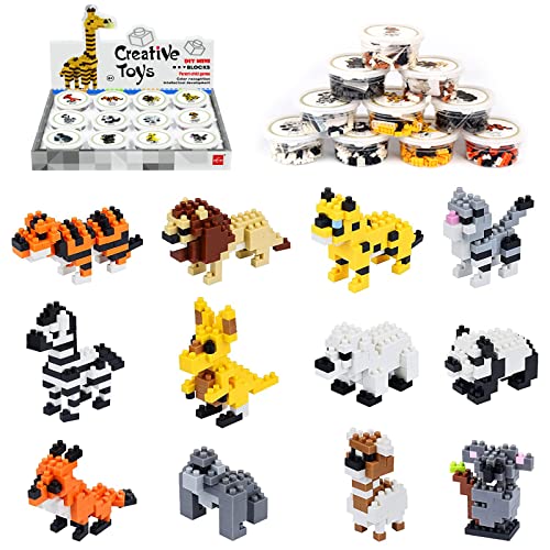 Jellydog Toy Mini Animals Building Blocks , 12PCS Party Favors Blocks Set for Kids, Prizes Birthday Gifts Goodie Bag ,Cake Topper,Gift Box