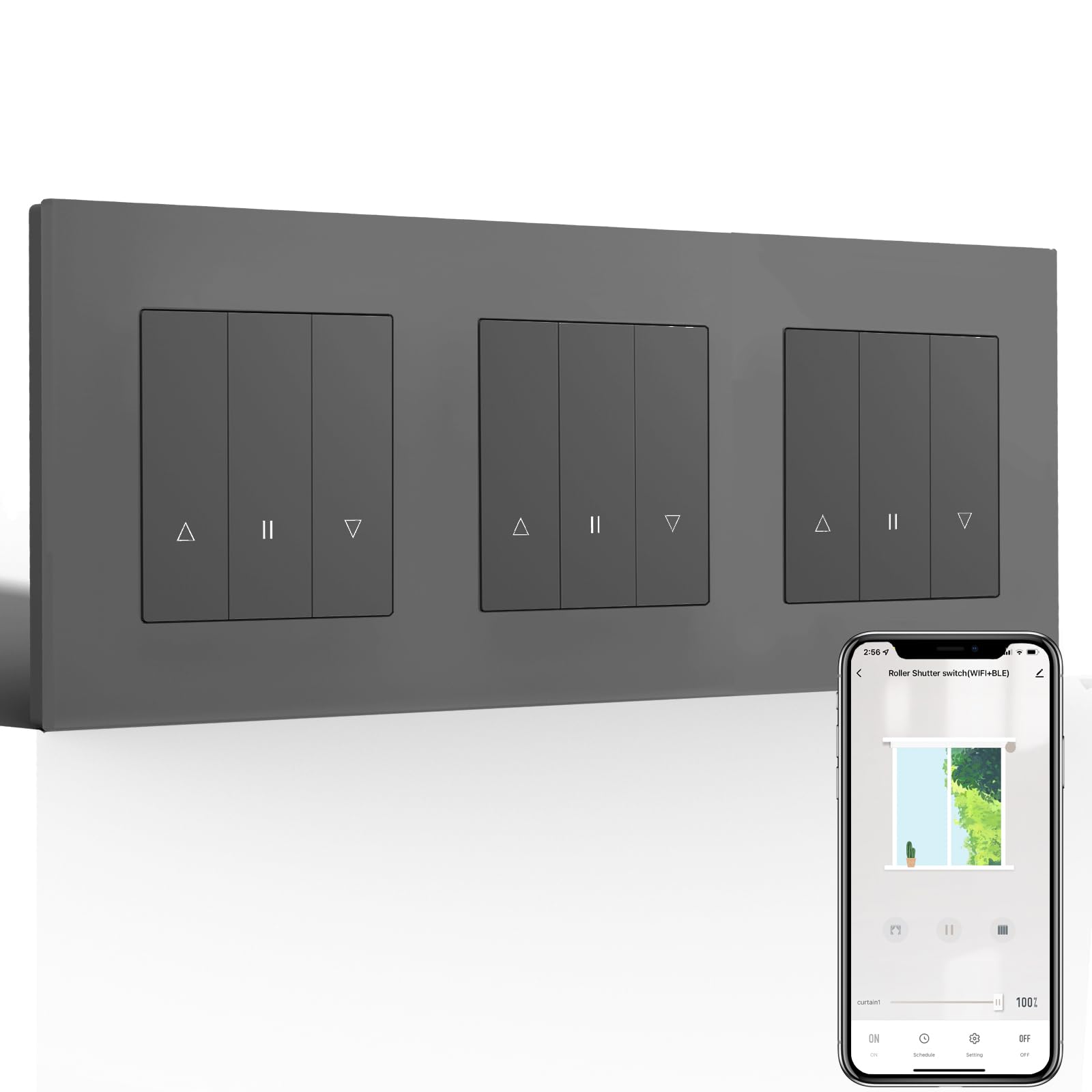 BSEED Tripel Interruttore Wi-Fi per tapparelle da incasso con telaio PC, interruttore intelligente per tapparelle, necessita di conduttori zero, controllo percentuale, compatibile con Alexa/Google