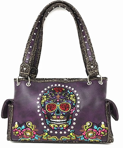 Texas West Women's Embroidered Sugar Skull Handbag Purse Wallet Set in Multi Color (Purple)2