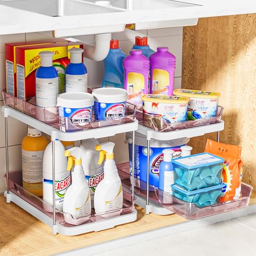 Image of Delamu 2-Tier Multi-Purpose Bathroom Under Sink Organizers and Storage, Stackable Kitchen Pantry Organization, Pull Out Medicine Cabinet Organizer with Movable Dividers, Light Pink, 2 Pack