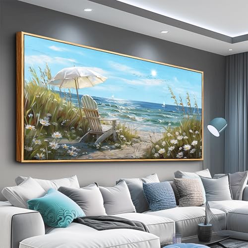ERQINHUA Large Canvas Wall Decor For Living Room Wall Art For Bedroom Office Decor Blue Sea Ocean Paintings Beach Chair Wall Pictures Artworks Modern Home Decor Ready To Hang 30x60 In Wood Framed