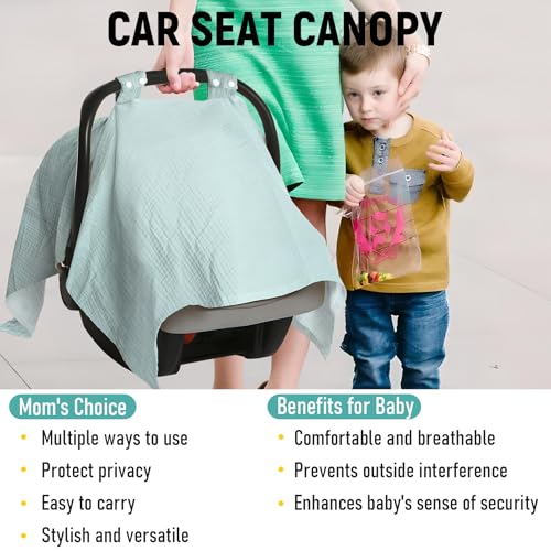 Image of 3 Pcs Car Seat Cover Baby Boy Girl Set, Adjustable Double Buckle Carseat Canopy, Plus Size Designed Muslin Carseat Cover, Versatile Full Coverage Nursing Canopy Includes 3 Colors