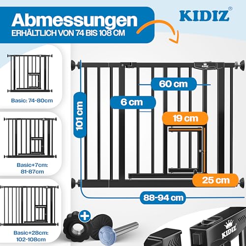 KIDIZ Absperrgitter zum Klemmen mit Katzenklappe, Türschutzgitter, Autoclose Kinder Treppengitter ohne Bohren | 90° Stopp Schutz, schwenkbar, Treppenschutzgitter, Schwarz, Breite: 88-94 cm
