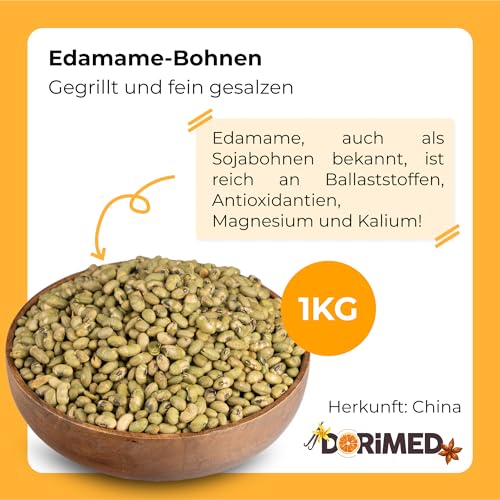 Edamame Bohnen 1 Kg | Sojabohnen geröstet leicht gesalzen | Bohnen Getrocknet I Glutenfrei und reich an Proteinen | GMO-frei | geeignet für Snacks und Diätmahlzeiten I Black Beans I Soja I Dorimed
