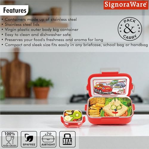Image of SignoraWare Buster Stainless Steel Lunch Box | Airtight & Leakproof | Durable & Odorless | Ideal for Office, School & Travel Use | Easy to Clean & Carry (850ml + 130ml | Red)