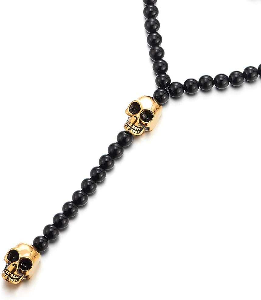 COOLSTEELANDBEYOND Gothic Style Mens Womens Black Onyx Beads Y Chain Necklace with Gold Steel Skull - Image 2