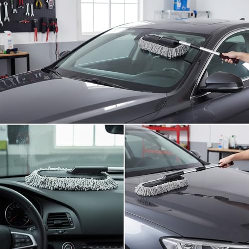 Image of Signamio Car Duster Microfiber Brush Car Cleaning Accessories Compact Soft Non Scratch Fibers for Interior and Exterior Dusting Detailing and Quick Touch Ups - Grey