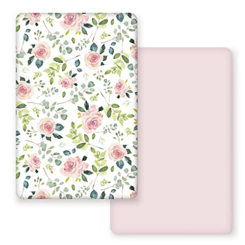Image of GRSSDER Stretchy Ultra Soft Jersey Knit Fitted Pack n Play Sheets Set 2 Pack, Portable/Mini Crib Sheets, Snug and Safe Playards Sheet for Baby, Pink Rose Stylish Print