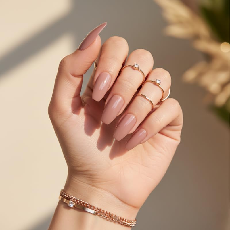 Image of Stick-On Nails | 24 Reusable Press-On Nails with Easy Glue Tabs | Warm Nude Brown Finish | Quick & Durable DIY Manicure | Unbreakable & Comfortable False Nails Set | Hot Cocoa