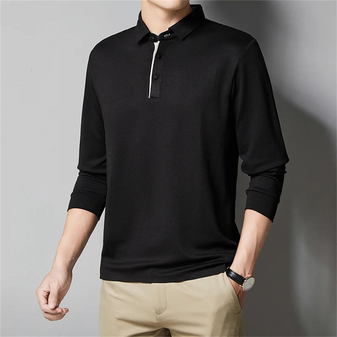 Polo de manga larga para hombre, con solapa, con botones, elástico, no deja rastro