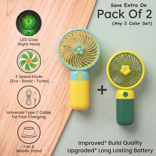 Image of Portable Mini Hand Fan| LED Glow| 3 Speed Mode| Type-C Fast Charging| Mobile Stand| Mini Fan| Travel, Home, Kids & Office Use (Pack Of 2 (Any 2 Color Set))