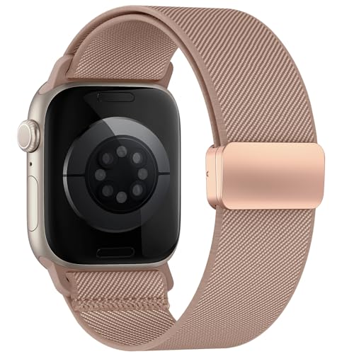 Image of Stretchy Band Compatible with Apple Watch Bands 40mm 38mm 41mm 42mm 44mm 45mm 46mm 49mm Women Men,Strong Magnetic Clasp Elastic Sport Strap for iWatch Series 11 10 9 8 7 6 5 4 3 2 1 Ultra SE /Pink Sand