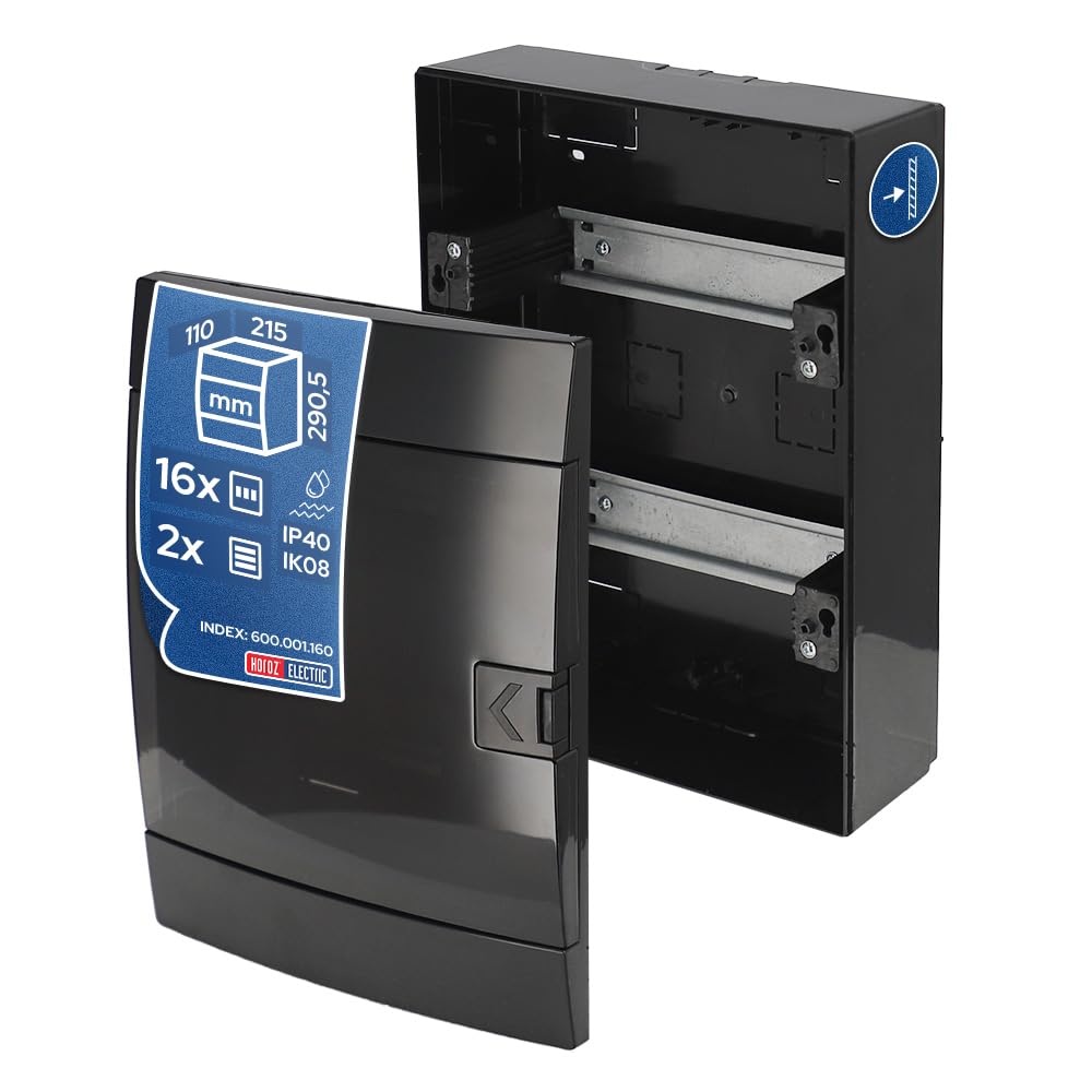 Caja de Distribución de Superficie 2 Filas para 16 Módulos 110x215x290,5 mm IP40 - Cuadro Electrico en ABS Negro - Armario de Distribución para Instalaciones Interiores - Horoz Electric