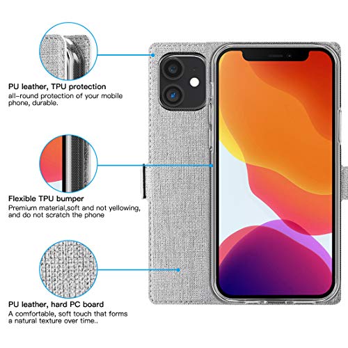Feitenn Case Compatible With Iphone 12 Mini Flip Case 5.4'', Wallet Kickstand Folio Slim Cover Pu Leather Bumper Credit Id Card Slots Holders Stand Clear Tpu Magnetic Closure Shockproof Shell - Gray #TOP6