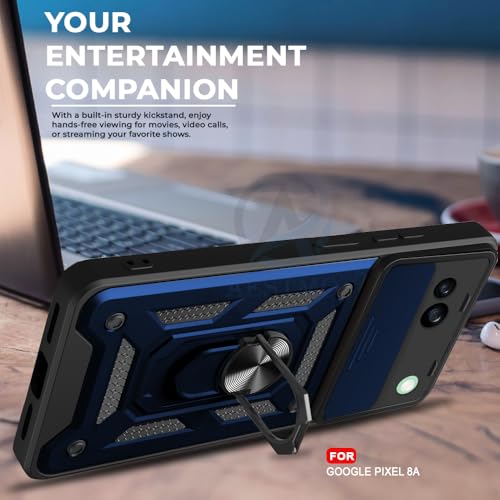 Image of AESTMO Tough Armor Google Pixel 8A Bumper Back Case Cover | Ring Holder & Sliding Camera Shield Cover | 360 Degree Protection Back Case Cover for Google Pixel 8A (Blue)