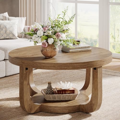 Image of Tribesigns Round Coffee Table, 2-Tier Circle Coffee Table with Storage, Modern Wooden Accent Center Table for Living Room, Thick Tabletop & Base (Rustic Oak)
