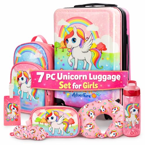 emissary 7pcs Unicorn Girls Luggage Set with wheels Rolling Luggage Backpack Eye Mask Toiletry Bag Suitcase Tag Neck Pillow & Water Bottle Carry Luggage for Kids & Girls with Wheels