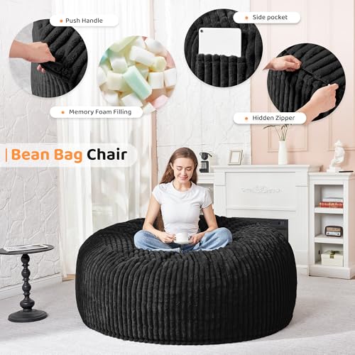 Image of HABUTWAY 3FT Bean Bag Chair, 3' Large Bean Bag Chairs for Adults with Stripe Plush Cover, Memory Foam Beanbag Chair for Living Room Bedroom Dorm,Black