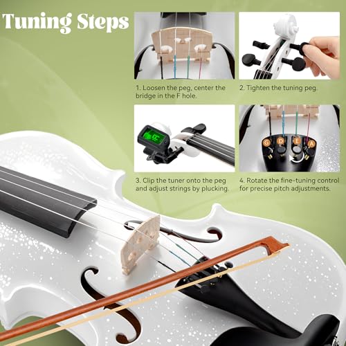 Image of Poseidon Violin for Beginner, Glossy White Violin Set with Acoustic Violin Fiddle for Students Violin Starter Kit /Hard Case, Bow, Rosin, Horse Bridge, Extra Strings, Shoulder Rest, Tuner, Manual