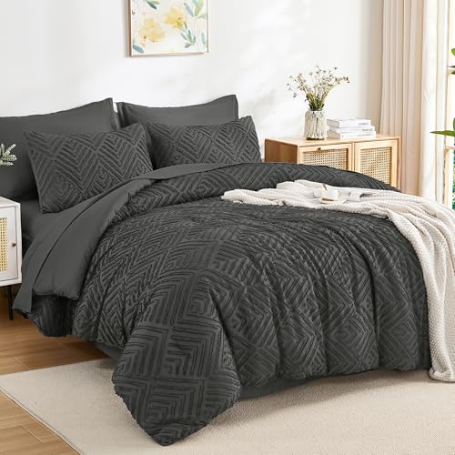 Image of Andency Oversized King Size Comforter Set 7 Pieces Dark Grey - Bed in a Bag Oversized King Boho Lightweight Fluffy Tufted Bedding Sets with Comforter, Sheets, Pillowcases & Shams