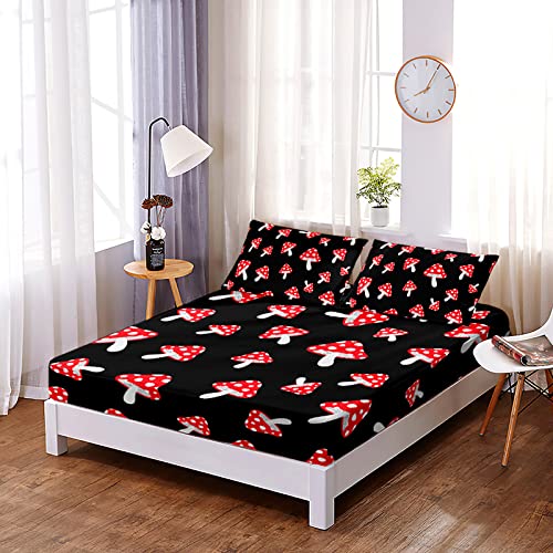 BSNTHO Cute Mushroom Sheet Set Queen Size,Cartoon Botanical Plants Fitted Sheet for Boys and Girls,Kawaii Bedding Sheets with 16" Deep Pocket,Soft Decorative Fabric Kids Bedding Set