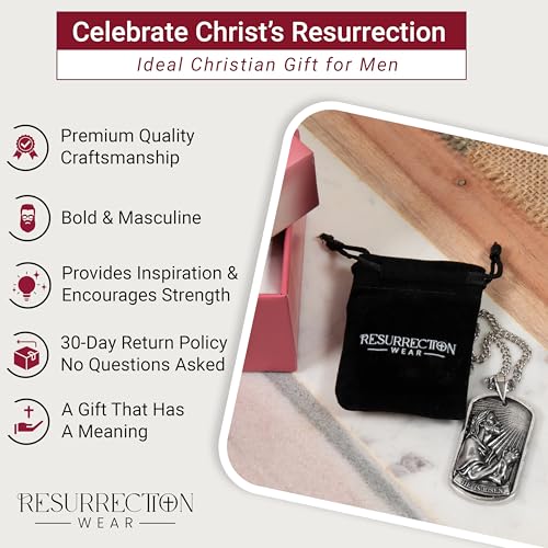 Jesus Necklace for Men – Engraved 2-Sided Masculine Dog Tag Pendant with Image of Jesus Praying & Philippians 4:13 (NIV) – Available in Aged Silver or Gold – Celebrate His Resurrection4