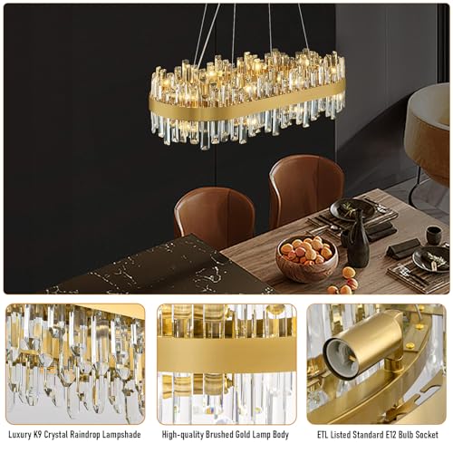 Modern Crystal Chandelier, 16-Lights 2 Tiers Dining Room Chandelier Over Table, 36'' K9 Crystal Gold Rectangular Chandeliers for Kitchen Island Adjustable Long Chandeliers for Living Room