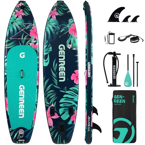 Genreen Paddle Board Stand up Paddle Board Newly Improved 1134 EVA0.5cm Thickened PVC Quality Tests 3 fins 2 Side Layers 450LBS for JP customers paddleboards Family Pet Friendly (Dark Green)