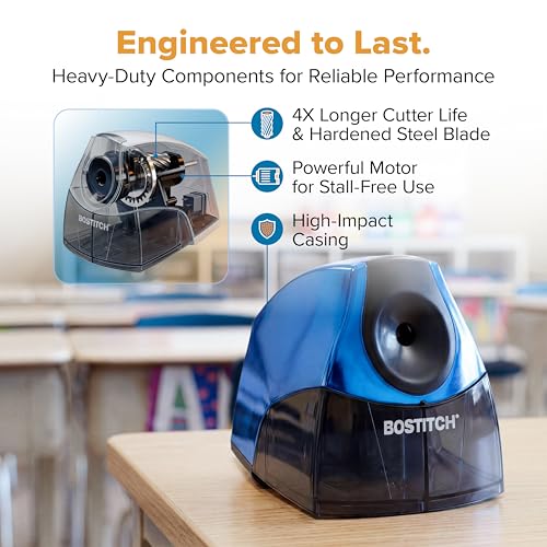 Image of Bostitch Office Electric Pencil Sharpener for Classroom & Desk Use, Heavy-Duty Stall-Free Motor, High-Capacity Shavings Tray, Metallic Blue