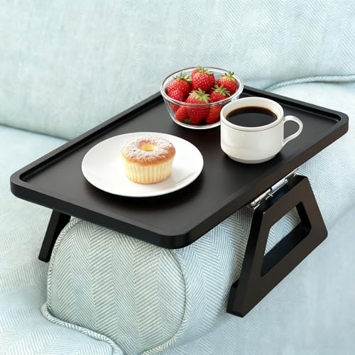 Yeqqzq Wood Couch Arm Tray, Adjustable Sofa Arm Clip Holder Tray for Snacks/Fast Food/Fruit/Drinks, Large Foldable Stable Sofa Table