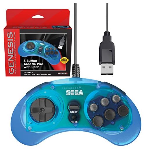 Retro-Bit Controller USB ufficiale Sega Genesis con 8 pulsanti Arcade Pad per Sega Genesis Mini, Switch, PC, Mac, Steam, RetroPie, Raspberry Pi - Porta USB - (blu trasparente)