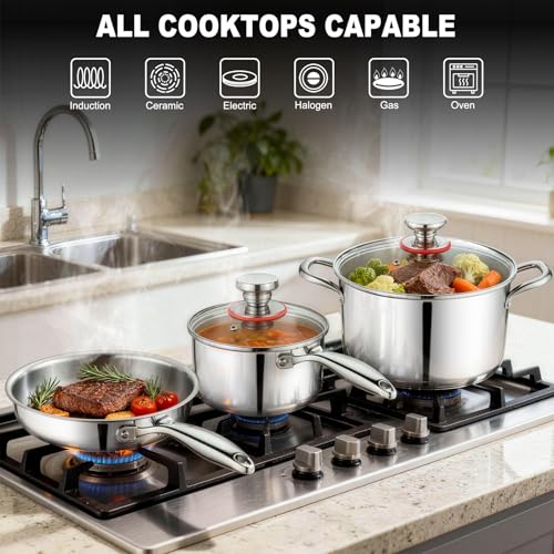 Image of P&P CHEF 3-Ply Stainless Steel Cookware Set of 6, 10-Pieces Pots and Pans Sets Stainless Steel for Kitchen, Induction Multi Cooktops & Oven, Dishwasher Safe, Frying Pans, Saucepans, Saute Pan & Pot