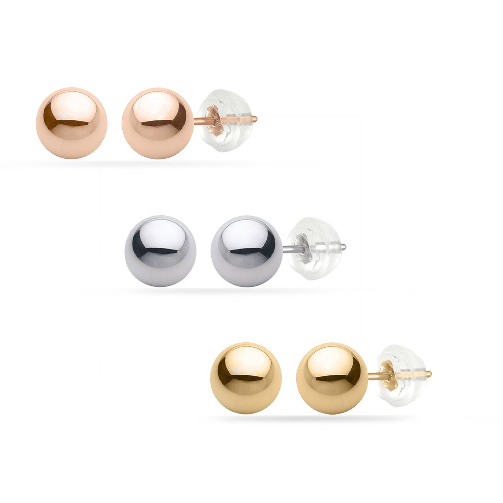 PARIKHS White Gold Ball Earrings High Polished 3MM 14k with Silicone Protected Gold Pushbacks