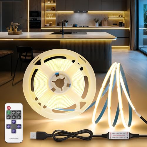 BRIMETI Ruban LED USB 2M COB 5V Blanc Naturel 4000K Dimmable 320LEDs/M Largeur 8mm Bande avec Télécommande Lumineuse LED Autocollant Flexible Découpable, Pour TV...
