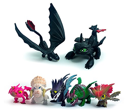 7PCS Dragón Cupcake Toppers, Figuras de Dragón Juguete de PVC, Juguete Modelo Sin Dientes Nocturnos, Cómo Domar a Tu Dragón Decoraciones de Pastel Regalo para Niños Cover